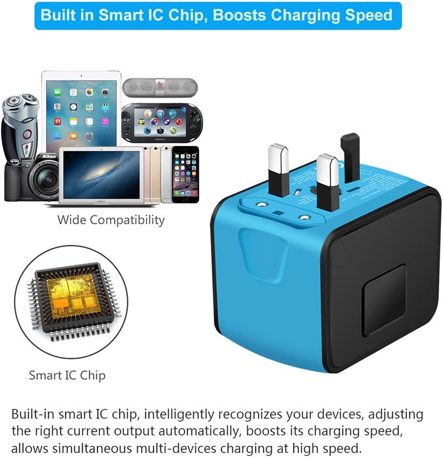 SAUNORCH Universal International Travel Power Adapter W/Smart High Speed 2.4A 4xUSB Wall Charger, European Adapter, Worldwide AC Outlet Plugs Adapters for Europe, UK, US, AU, Asia-Blue - Image 4